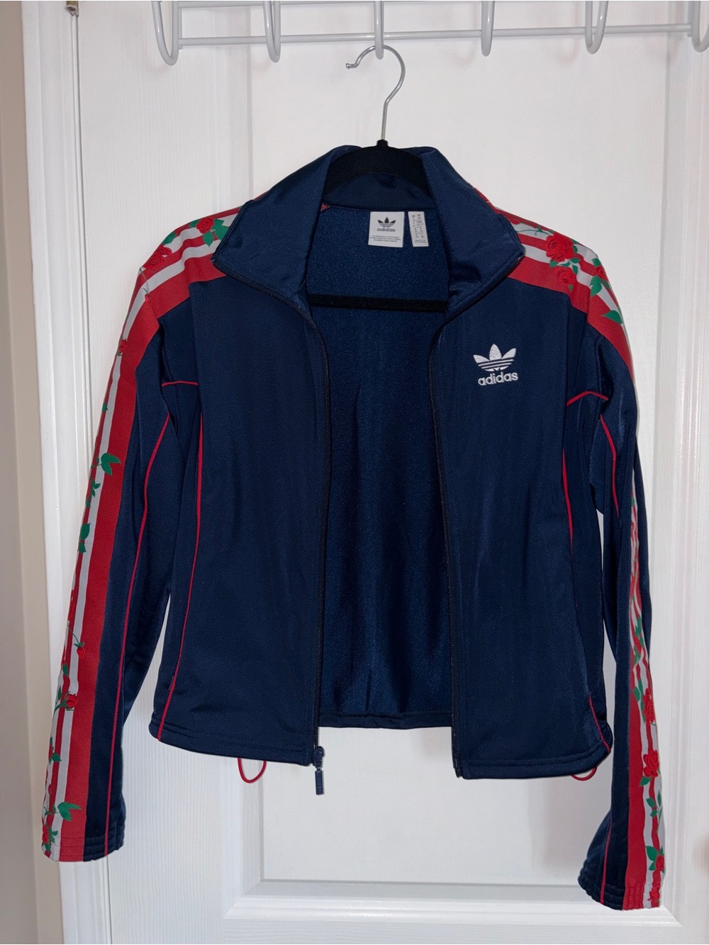 adidas Navy Track Jacket with Red Rose-Accent Stripes
